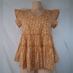 THML Chevron Ruffle Sleeve Blouse - Mustard and White